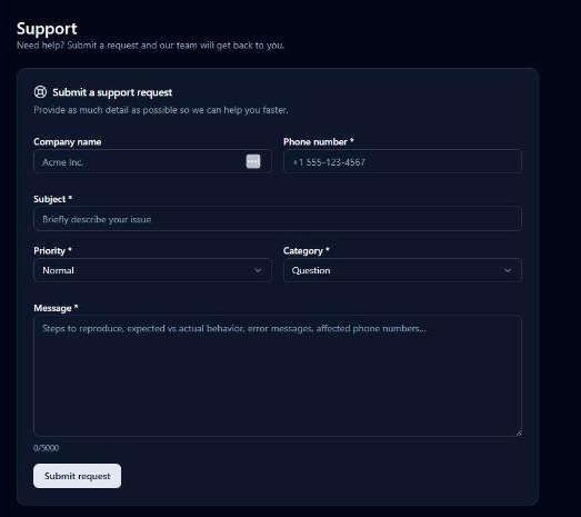The support request form